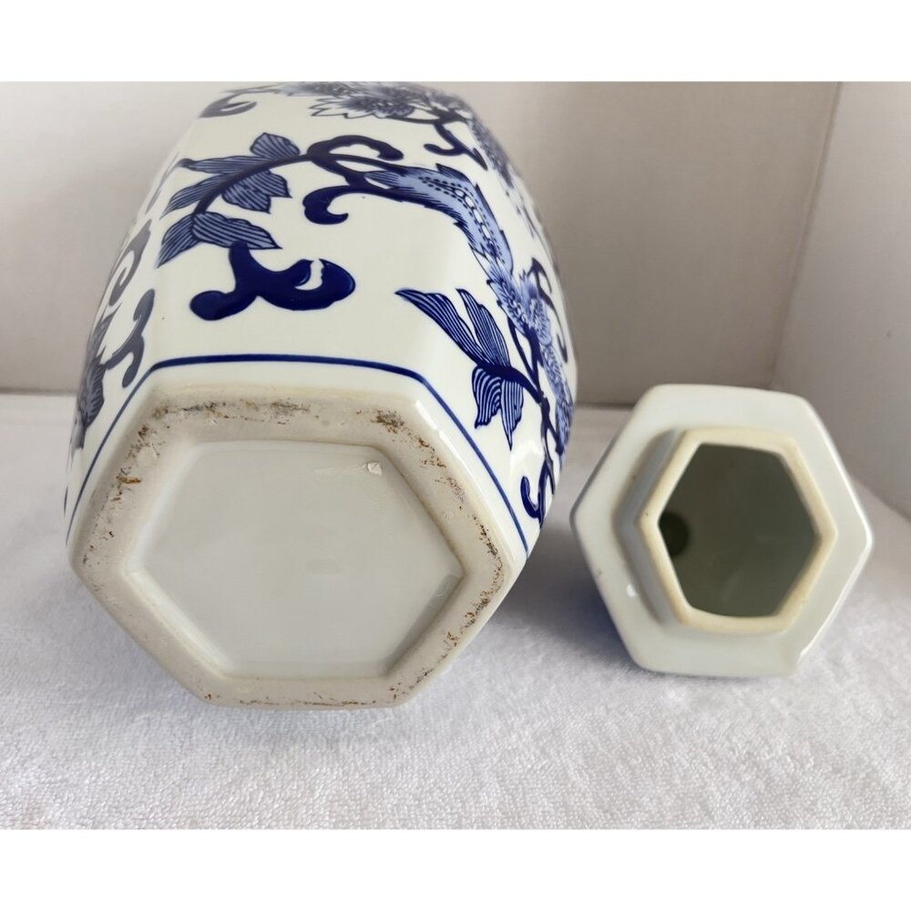 Vintage Chinoiserie Hexagon Ginger Jar Blue White15"H x 7"W Asian Home Decor - Picture 6 of 7